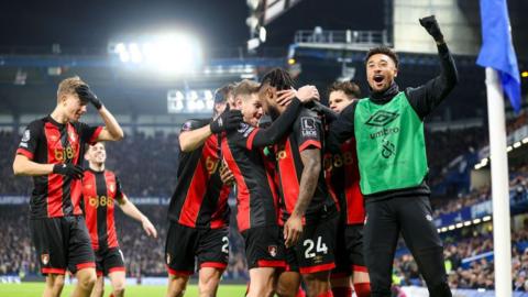 Antoine Semenyo celebrates with his teammates after scoring