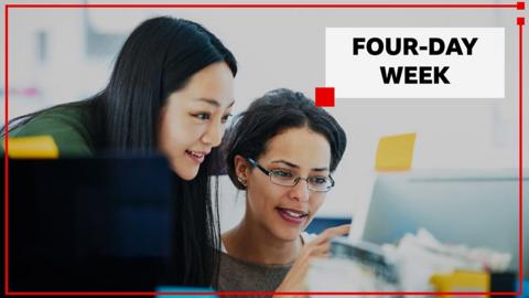 Two women looking at a computer screen, next to a box with the words "Four-day week"