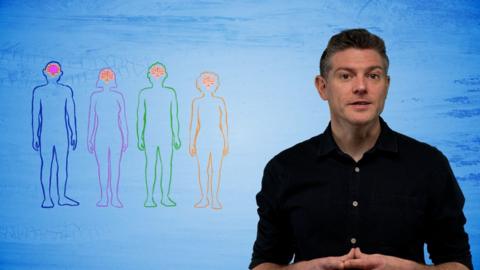 Man looking at the camera with illustrated figures behind him