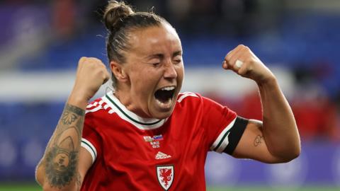 Natasha Harding of Wales celebrates on the final whistle