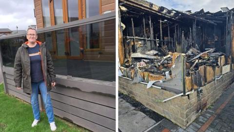 A composite image showing, on the left, a woman standing in front of her static caravan and, on the right, the fire-damaged interior of a mobile home
