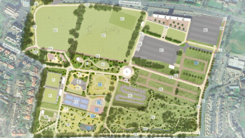 A rendered map image of Nobles Park. It is scattered with labelles, numbering the different areas set of re-developments