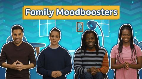 Dr Ranj Singh, Oti Mabuse, Ade Adepitan MBE and Bethany Shriever silhouetted on a blue graphic background. Text reads, 'Family Moodboosters'.