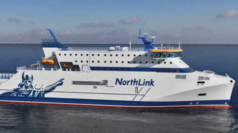 An artist's impression of the Northern Isles freight flex vessel. The large, modern looking boat is mostly white and painted with blue branding. It is floating on water. 