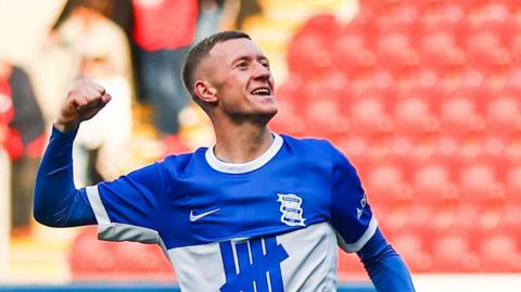 Jay Stansfield celebrates Birmingham's win at Rotherham