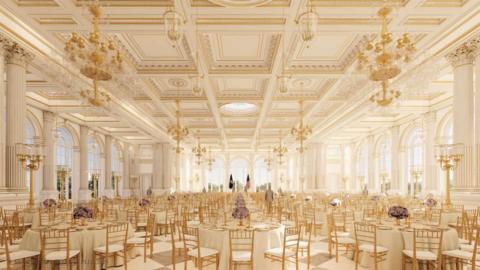 Rendering of the gold and white interior of the White House's ballroom design. 