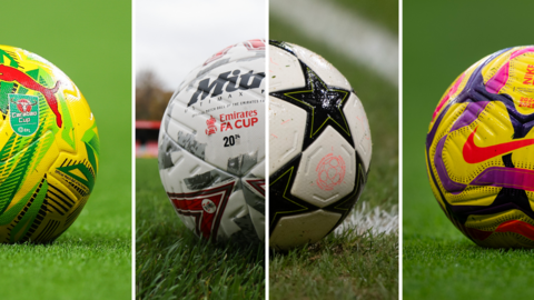 From left to right, the different match balls used in the EFL Cup, the FA Cup and the Premier League.