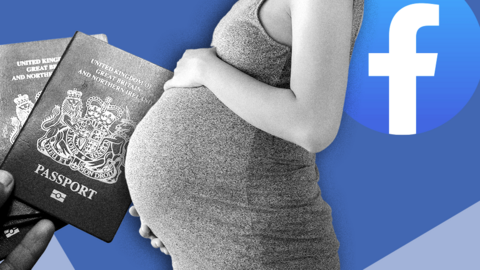 Composite pic of pregnant woman against a background of passports and Facebook logo