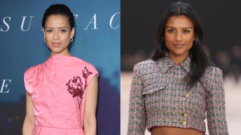 Gugu Mbatha-Raw and Simone Ashley posing at red carpet events. Gugu wears a pink dress with a flower motif. Simone wears a grey, pink and black-patterned cropped jacket.