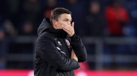 Paul Heckingbottom, Manager of Sheffield United, reacts during the Premier League match between Burnley FC and Sheffield United at Turf Moor