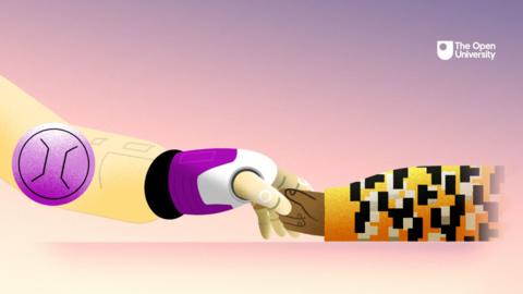 A robot’s hand and a human hand reaching toward each other, touching at the fingertips