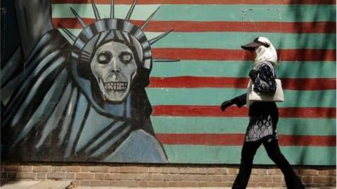 A mural painted on the outer wall of the former US embassy in Tehran, Iran