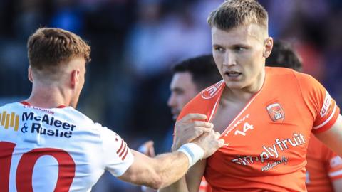 Rian O'Neill and Conor Meyler clash during Saturday's All-Ireland series game in Omagh