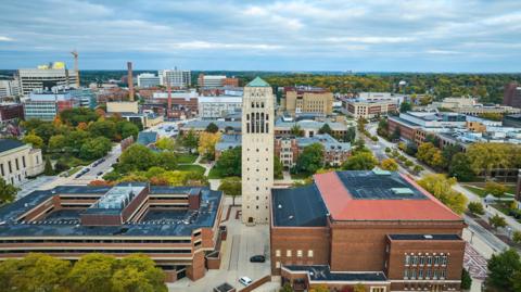 An aerial view of the University of Michigan campus in Ann Arbor, Michigan