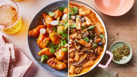 A split image of rigatoni makhani with fried aubergine, and air fryer chicken bites with sweet and sour sauce
