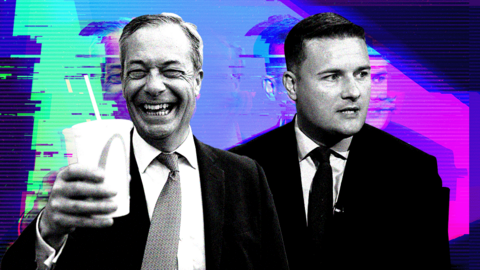 A composite image showing Reform UK leader Nigel Farage with a milkshake and Labour shadow health secretary Wes Streeting, with a background in the 91ȱ's election colours and glitchy graphics