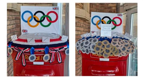 Post box topper showing the Olympic rings in wool and gold, silver and bronze medals clustered beneath. The picture on the left shows four, while the one on the right shows 65