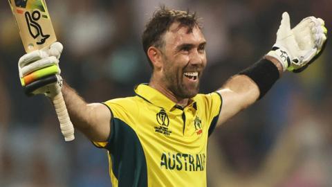Glenn Maxwell celebrates his double century that secured victory for Australia against Afghanistan at the Cricket World Cup