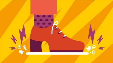 Illustration - a shoe is stamping on website icons.