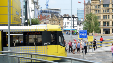 A tram coming through Exchange Square Tram stop.