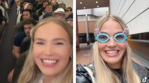 Composite image of Sophie Jones: standing up at the front of an aeroplane, wearing kids swim goggles in public.