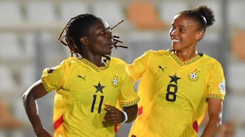 Alice Kusi and Chantelle Boye-Hlorkah celebrate scoring for Ghana against Tanzania
