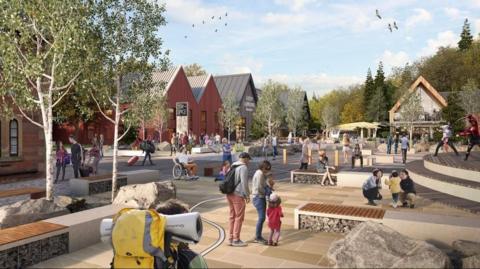 Art depicting the proposed Flamingo Land resort on the banks of Loch Lomond. Modern buildings line a street with benches and trees. Families walk around the open space 