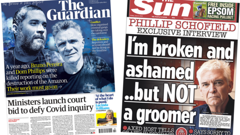 The headline in the Guardian reads, "Ministers launch court bid to defy Covid inquiry", while the headline in the Sun reads, "Phillip Schofield exclusive interview: I'm broken and ashamed ..but NOT a groomer"