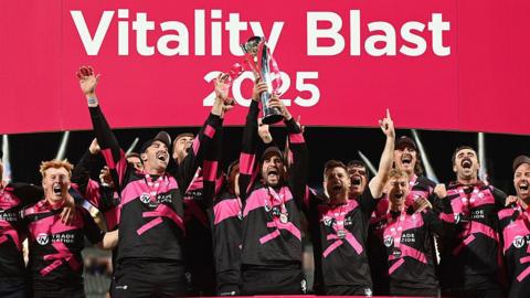 Somerset skipper Lewis Gregory lifts the T20 Blast trophy at Edgbaston in September 2025.