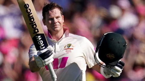 Australia batter Steve Smith celebrates his century at the SCG