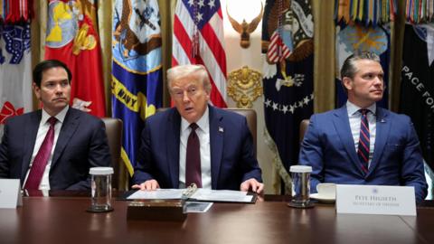 U.S. President Donald Trump, Secretary of State Marco Rubio and Defense Secretary Pete Hegseth attend a cabinet meeting at the White House in Washington, D.C., U.S., August 26, 2025