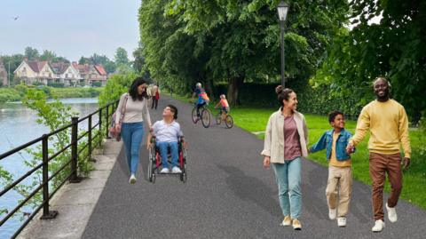 A CGI image of what the riverside path could look like. The tarmacked path has pedestrians, cyclists and a wheelchair user of different ages using the path. There is a black metal banister on the edge of the water on one side of the path, while the other has a grass strip with trees. Over the water there are houses.