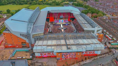 An aerial view of Anfield stadium in Liverpool showing crowds watching a Taylor Swift concert