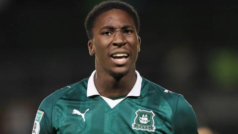 Aribim Pepple playing in the Vertu Trophy for Plymouth Argyle against Cheltenham Town