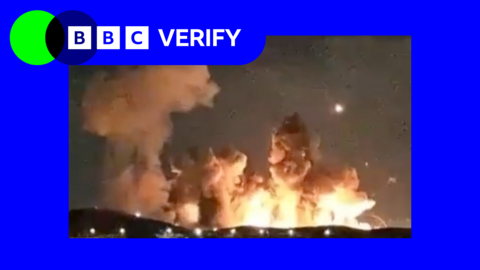 A graphical composite image showing the BBC Verify logo next to an image of a large explosion.
