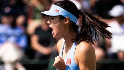 Emma Raducanu celebrates her victory at Indian Wells
