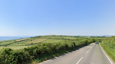 A road with green hedges on either sides, green fields on the left with the sea in the distance