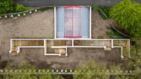 The subway runs under the Crystal Palace Parade. Built in 1865 by Charles Barry Junior as an entrance to the Crystal Palace for those arriving by train. View showing the newly restored structure. Drone view from above.