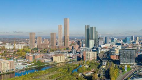A 3D artist impression of a Greater Manchester skyline, showing a river, flats and tall skyscrapers