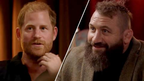 A split of Price Harry and Joe Marler in the studio