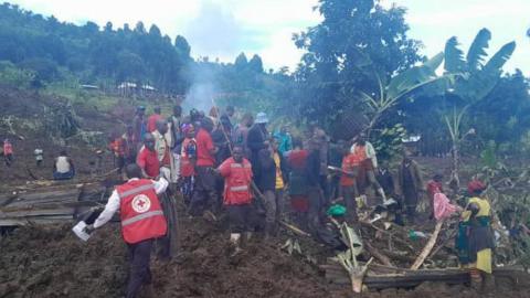 Rescue workers wearing red bibs try to save survivors and recover bodies on a mountainside