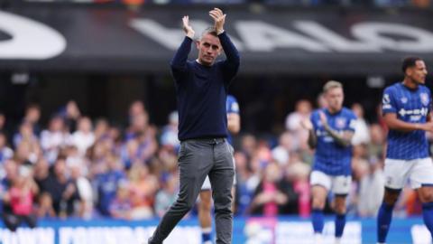 Kieran McKenna, Manager of Ipswich Town, gestures