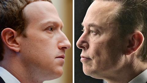 Composite image showing Mark Zuckerberg and Elon Musk in profile, as though staring at each other from close proximity