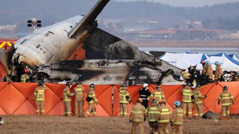 People in uniform at the site of a plane wreckage