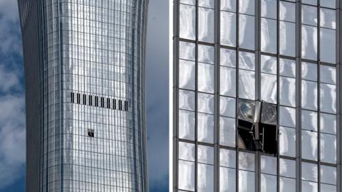 A composite image showing the Citic Tower, or China Zun, showing damage after it was struck by a small aircraft, early on June 27, 2026 in Beijing, China.