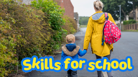 A mother and son walk to school.