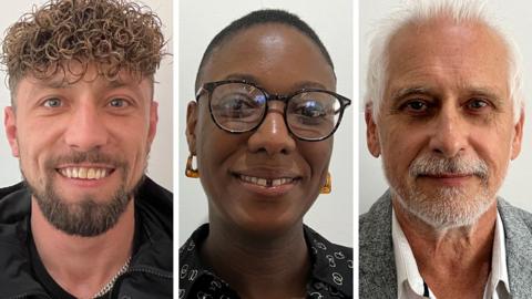 A composite image of the headshots of Dean Plunkett, Nicole Lawal and another man who was part of the group. They are all looking directly at the camera and smiling. Ms Lawal has a dark shirt on and amber earrings. Mr Plunkett is wearing a dark jacket with a silver chain necklace and the other man is wearing a tweed jacket and white shirt. 