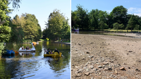 A composite image of a boating pond with one side full of water and boats and the other bone dry