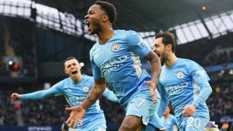 Raheem Sterling celebrating his goal against Wolves