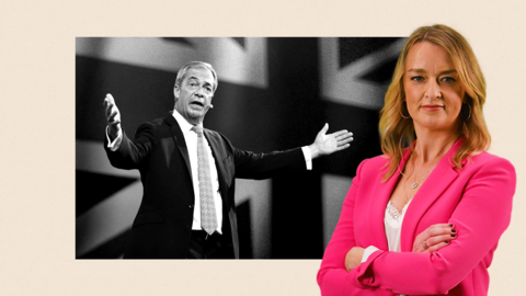 A montage image, showing a black and white picture of Farage with arms outspread. Laura K is pictured to the side of the image